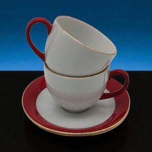 Service for Two 4 Piece Ten Strawberry Street Red Gold Cup Saucer Dish Gift Set
